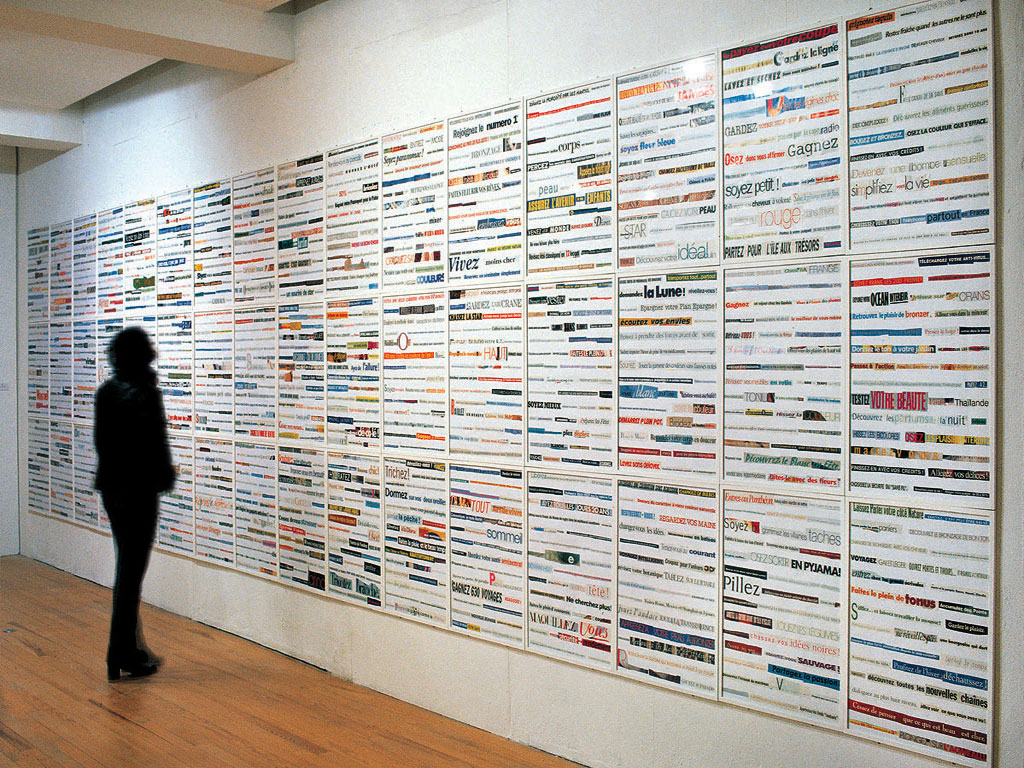 Claude Closky, ‘1000 choses à faire [A 1000 things to do] ’, 1993-1994, collage, 216 x 1040 cm (60 frames 72 x 52 cm). Exhibition view ‘Rue Louise Weiss’, Abbaye Saint-André - Centre d’Art Contemporain, Meymac. 7 March - 20 June 1999