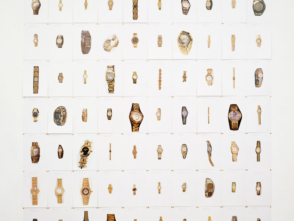 Claude Closky, ‘10 past 10 (gold watch)’, 1996, ballpoint pen and collage on paper, 300 x 200 cm (100 sheets 30 x 20 cm). Exhibition view ‘Fines de Claire’, Galerie Mehdi Chouakri, Berlin. 20 June - 1 August 1998
