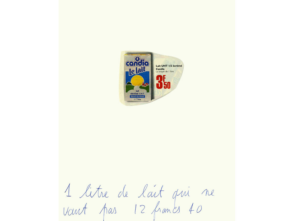 Claude Closky, ‘1 litre de lait qui ne vaut pas 12 francs 40 [1 litre of milk not worth 12 francs 40],’ 1995, blue ballpoint pen and collage on paper, 30 x 24 cm.