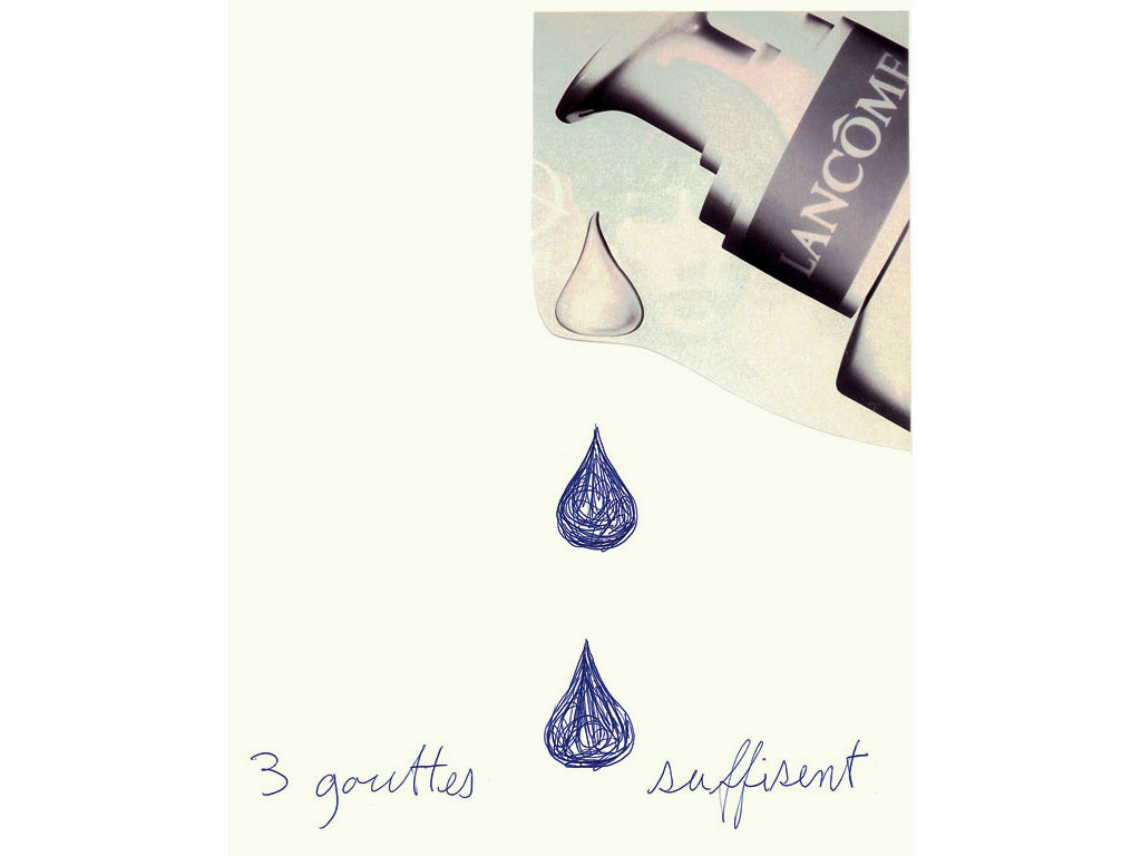 Claude Closky, ‘3 gouttes suffisent [3 drops are enough]’, 1996, blue ballpoint pen and collage on paper, 30 x 24 cm.