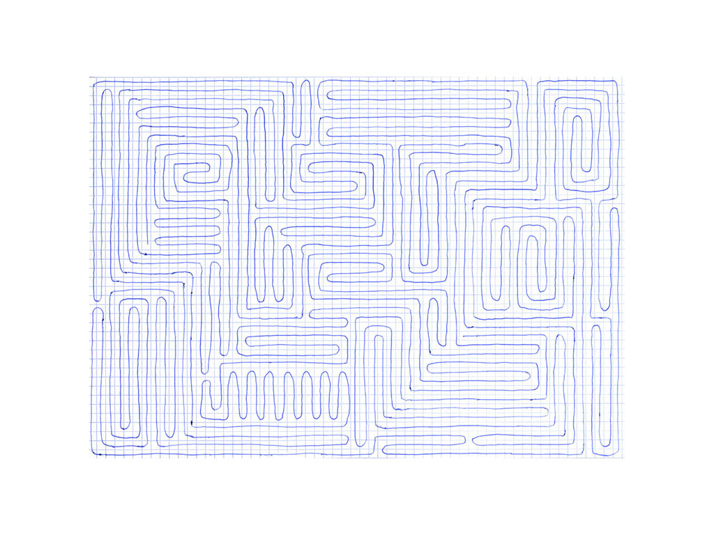 Claude Closky, ‘Going everywhere (run 2)’, 2009, blue ballpoint pen on grid paper, 21 x 30 cm.