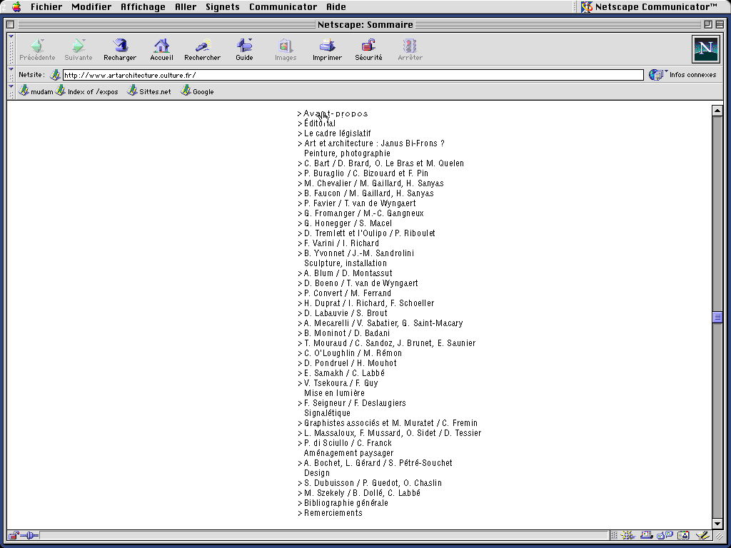 Claude Closky, ‘art_architecture’, 2000, web site conception. Realisation: Jean-Noël Lafargue. Html, Javascrit, Flash. (http://www.artarchitecture.culture.fr).