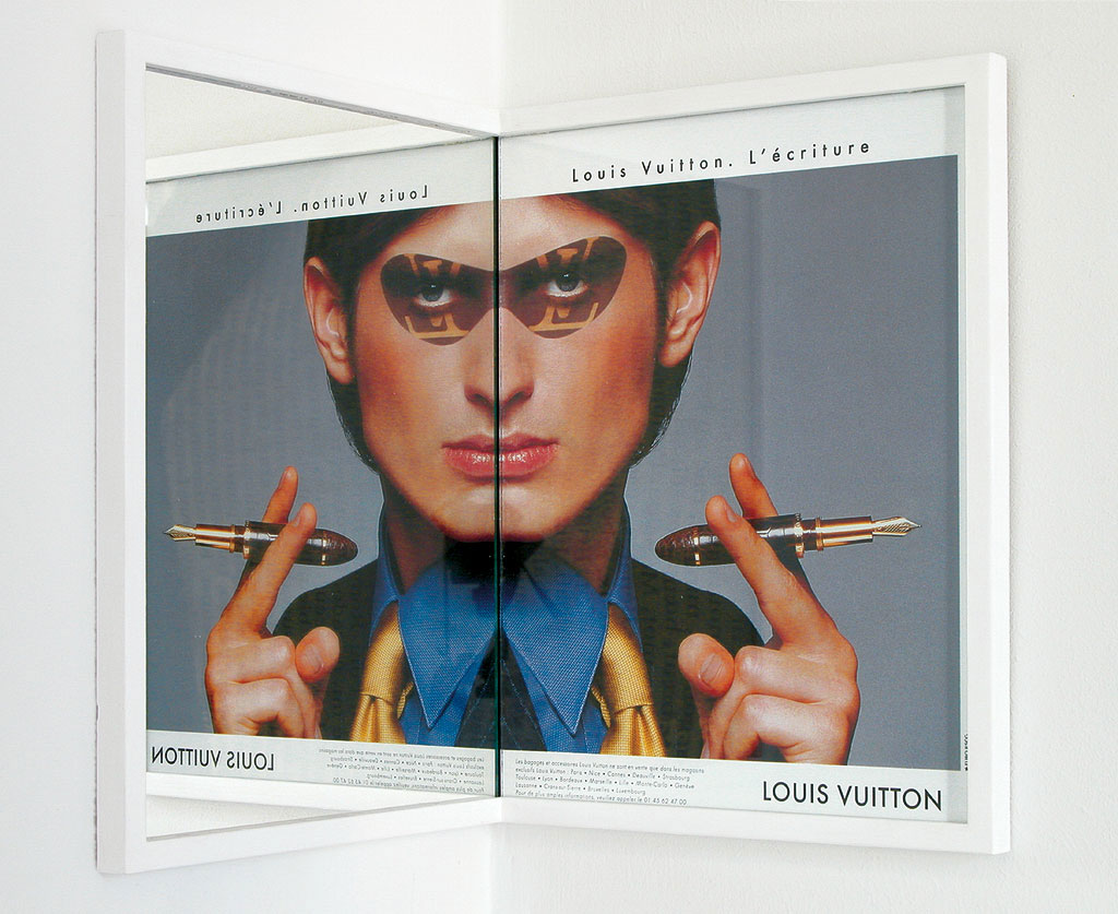 Claude Closky, ‘Beautiful face (Vuitton),’ 1998-2001, magazine page and mirror, installed in a right angled corner, 27,5 x 21,5 x 21,5 cm.