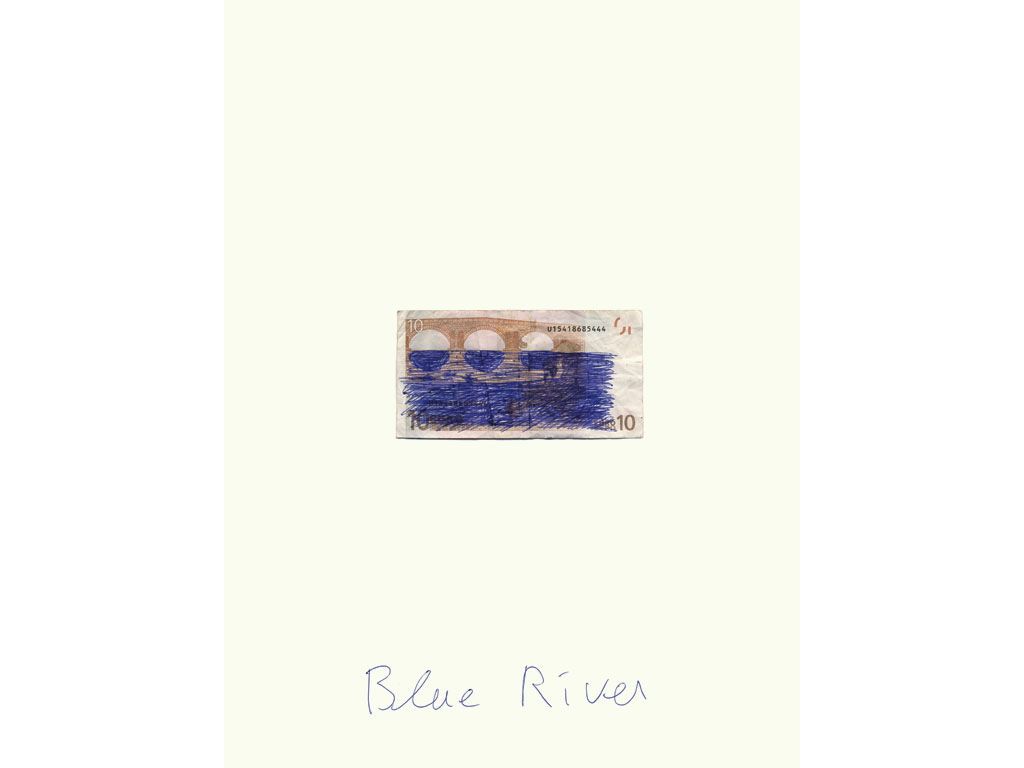 Claude Closky, ‘Blue River’, 2007, blue ballpoint pen, bank note, 40 x 30 cm.
