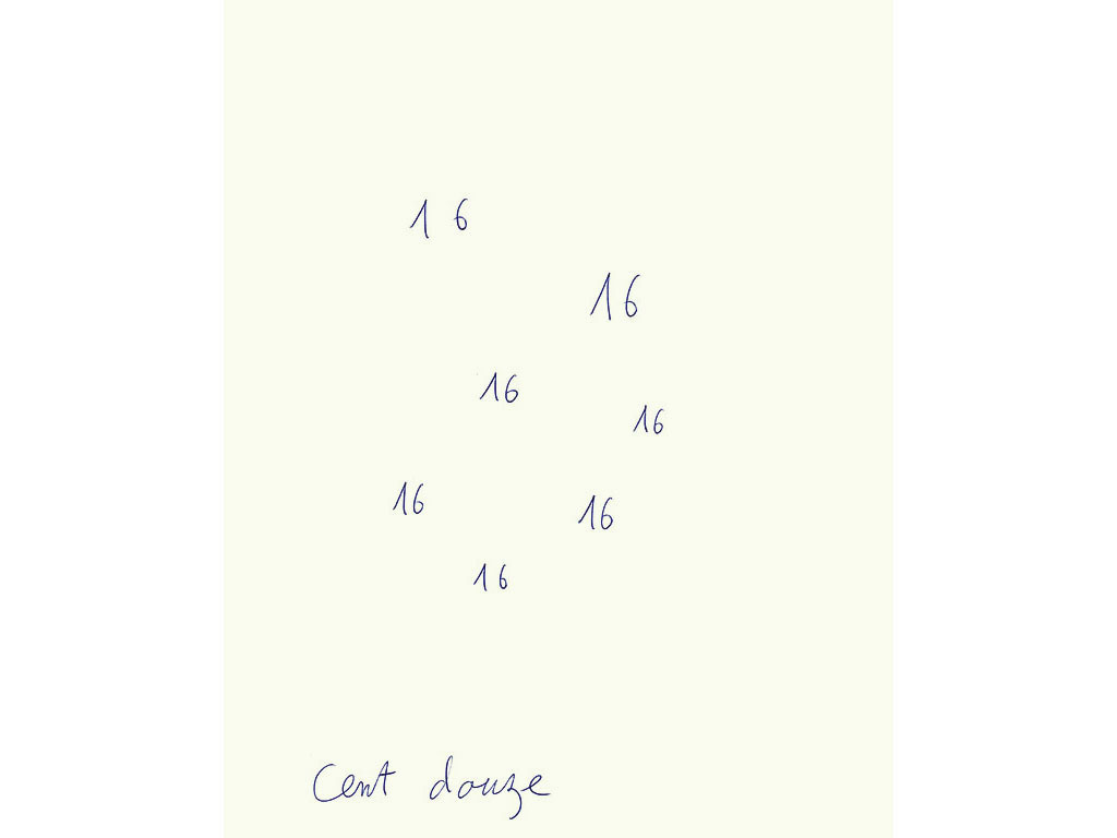 Claude Closky, ‘Cent douze [A hundred and twelve]’, 1996, blue ballpoint pen on paper, 30 x 24 cm.