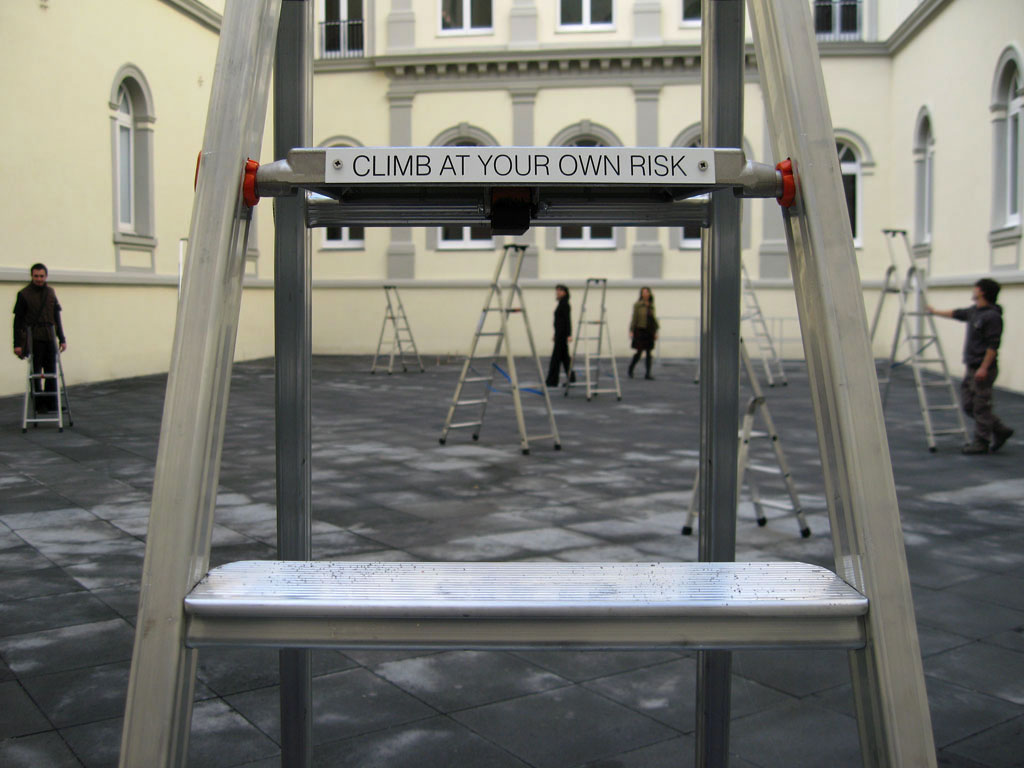 Claude Closky, ‘Climb at your own risk’, 2006, 10 stepladder, engraved text, variable dimensions. 