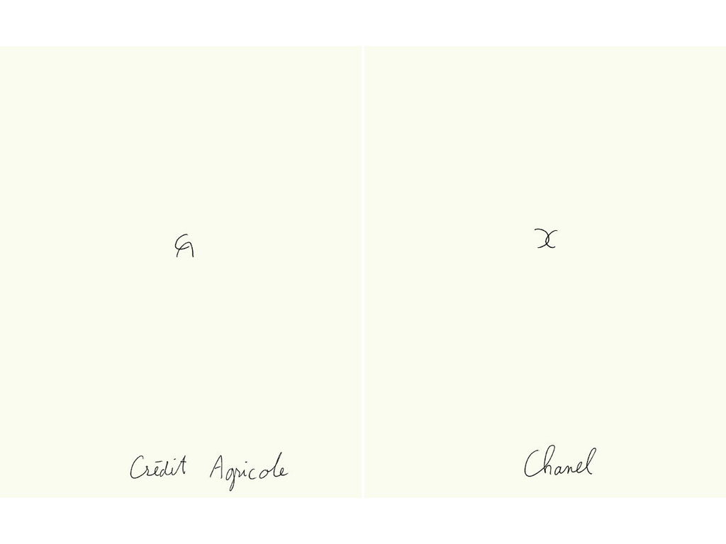 Claude Closky, ‘Crédit agricole - Chanel’, 1991, black ballpoint pen on paper, 2 drawings 30 x 24 cm each.