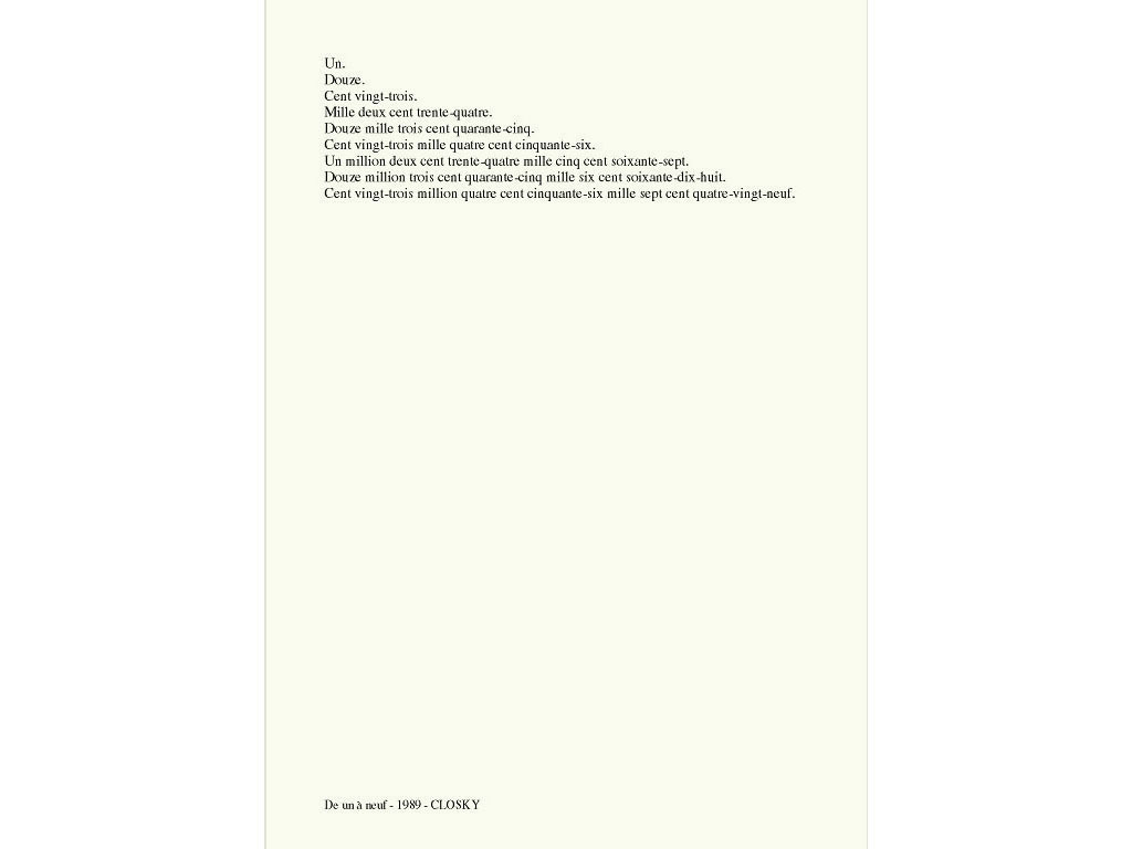 Claude Closky, ‘De un à neuf [from one to nine]’, 1989, laser print on paper, 29,7 x 21 cm.