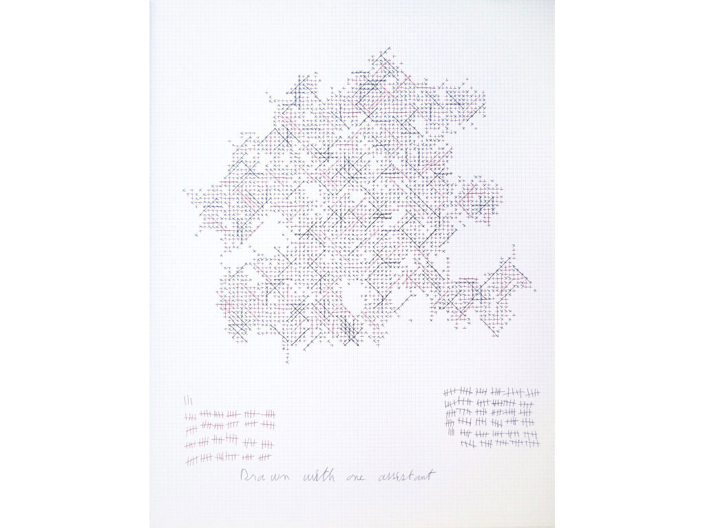 Claude Closky, ‘Drawn with one assistant (123/174)’, 2006, black and red ballpoint pen on grid paper, 65 x 50 cm.