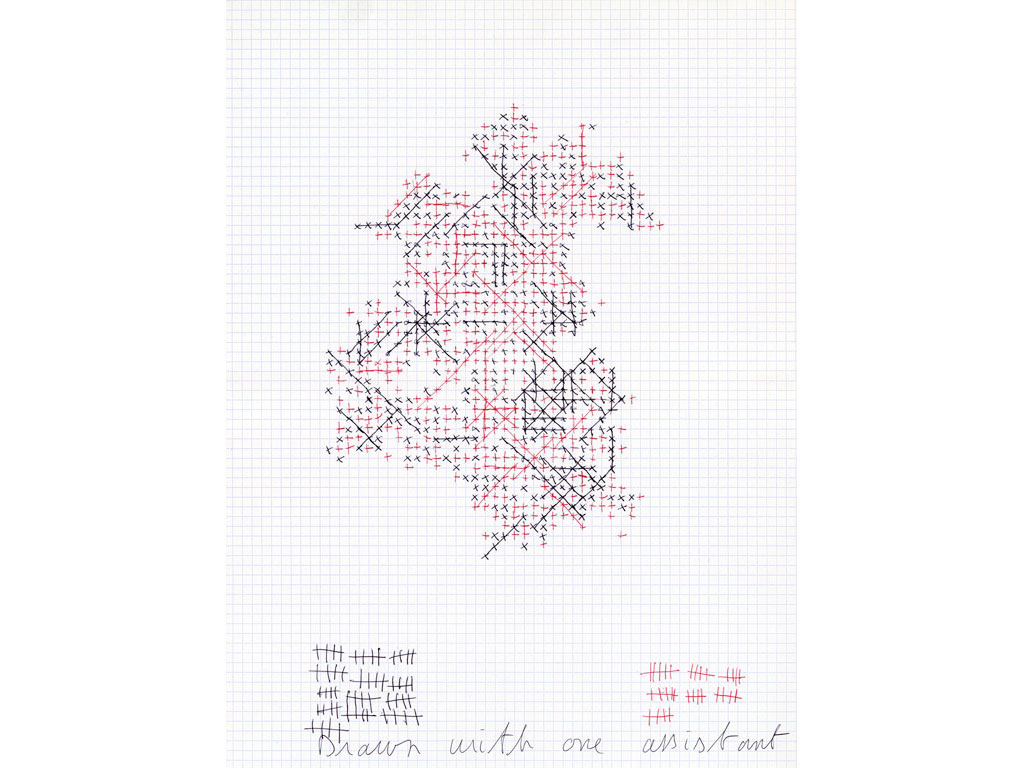 Claude Closky, ‘Drawn with one assistant (65/35)’, 2006, black and red ballpoint pen on grid paper, 40 x 30 cm.