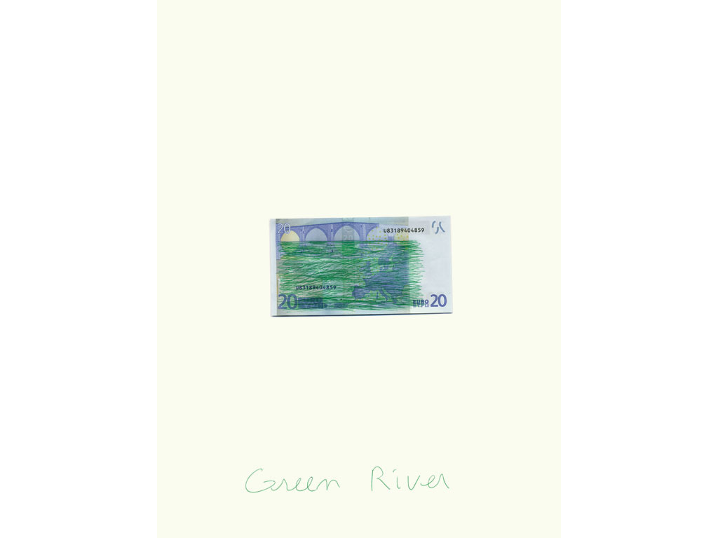 Claude Closky, ‘Green River’, 2007, blue ballpoint pen, bank note, 40 x 30 cm.