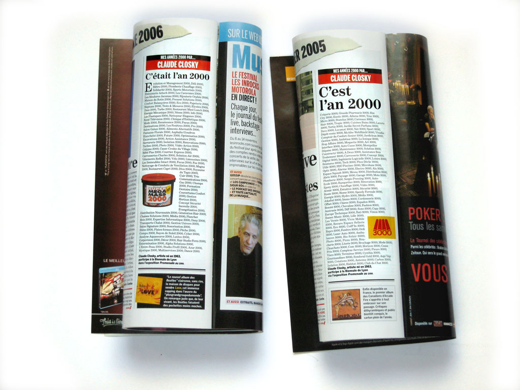 Claude Closky, ‘C’est l’an 2000 [This is 2000]’, 2007, Paris: Les Inrocks, #623, 6-12 November, p. 112, Les Inrocks # 628, 11-17 December, p. 96.