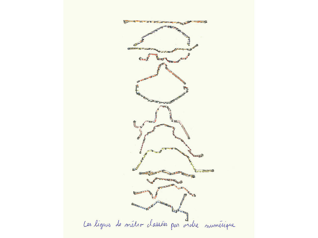 Claude Closky, ‘Les lignes de métro classées par ordre numérique [The Subway Lines Classified in Numerical Order],’ 1992, ballpoint pen and collage on paper, 30 x 24 cm.