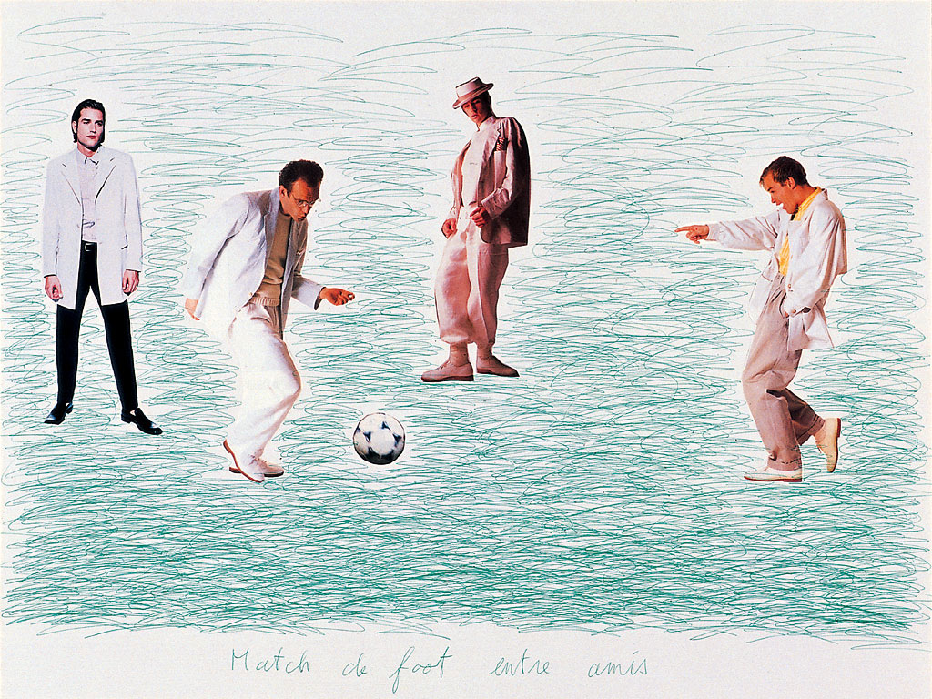 Claude Closky, ‘Match de foot entre amis 1 [Soccer Match Among Friends 1]’, 1998, green ballpoint pen and collage on cardboard, 60 x 80 cm.