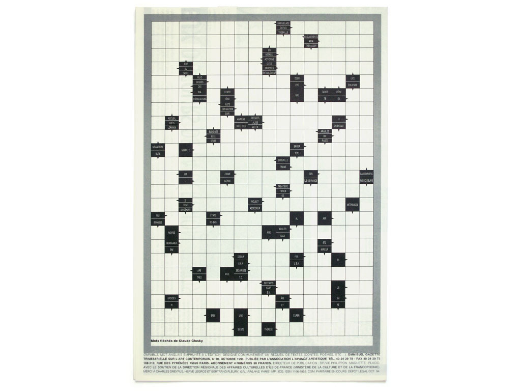 Claude Closky, ‘Mots fléchés [Crossword Puzzle]’, 1994, Paris: Omnibus #10 (October), backcover.