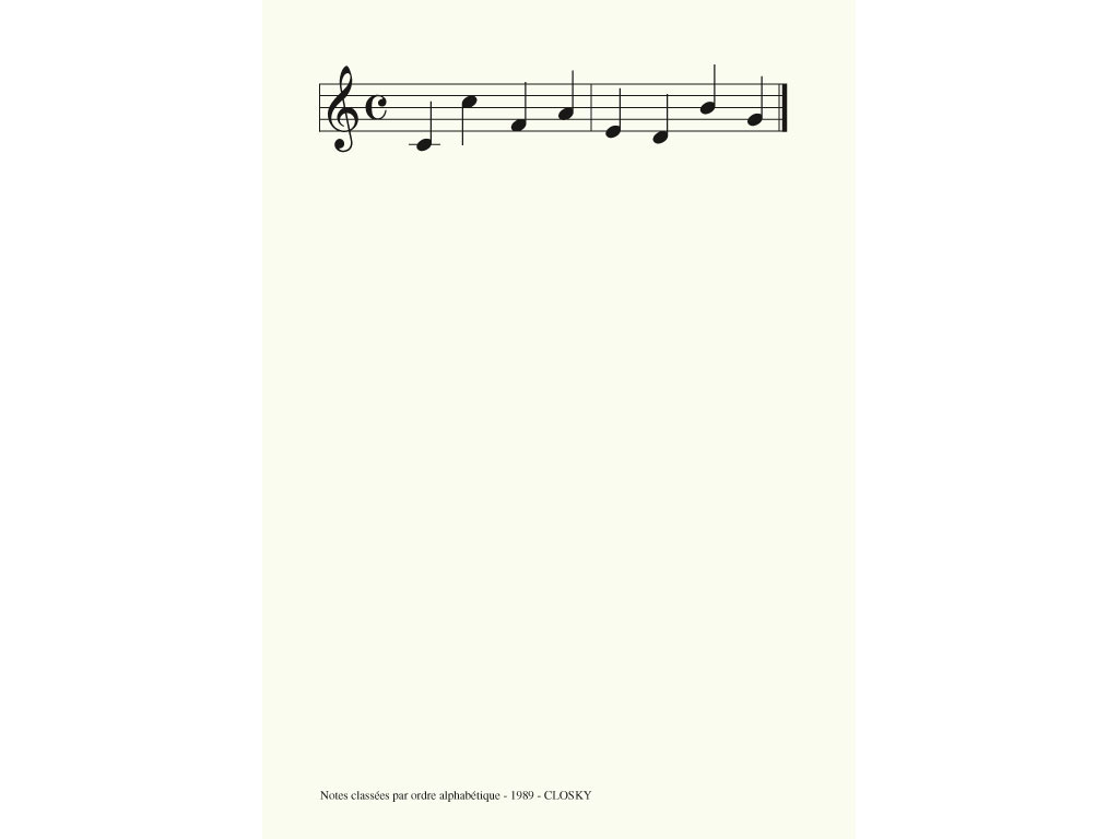 Claude Closky, ‘Notes classées par ordre alphabétique [key notes classified in alphabetical order],’ 1989, laserprint on paper, 21 x 29,7 cm.