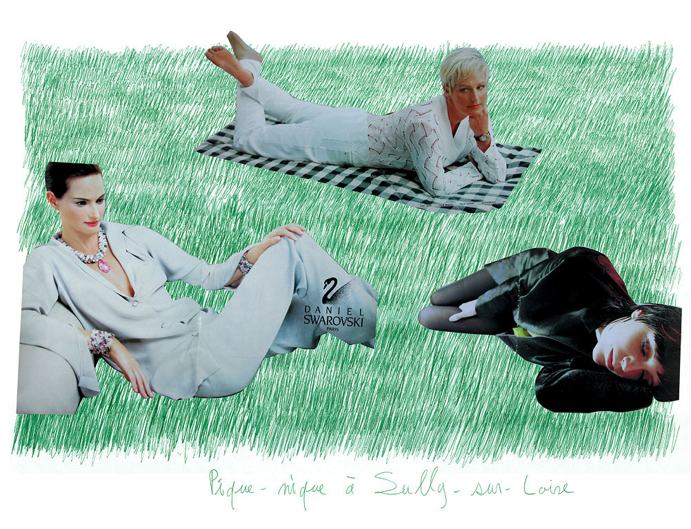 Claude Closky, ‘Picnic at Sully-sur-Loire 2’, 2000, green ballpoint pen and collage on paper, 70 x 100 cm.