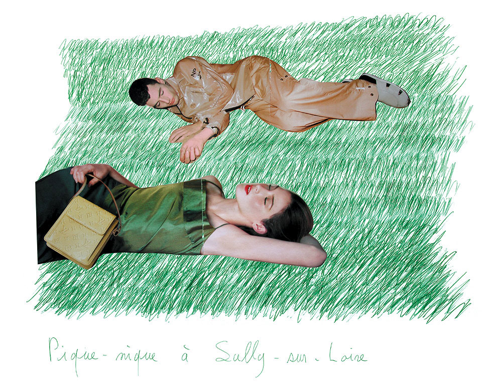 Claude Closky, ‘Picnic at Sully-sur-Loire 4’, 2000, green ballpoint pen and collage on paper, 60 x 80 cm.