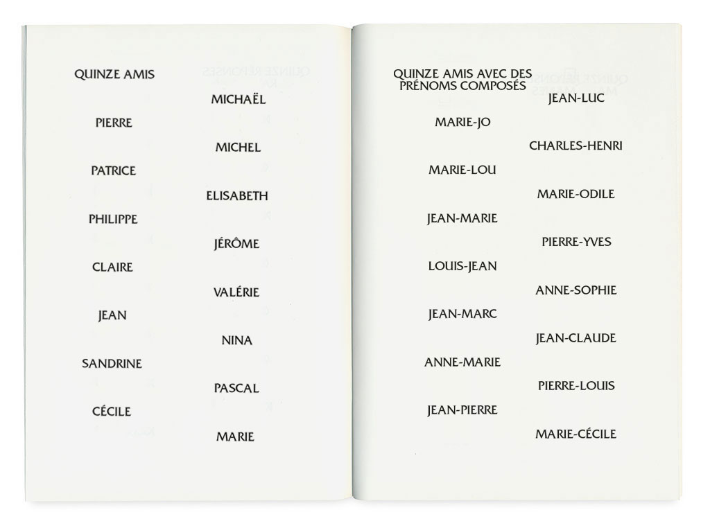 Claude Closky, ‘Quinze ongles… [fifiteen nails and so on…]’, 1990, artist’s publication, b&w photocopy, 64 pages, 21 x 15 cm.