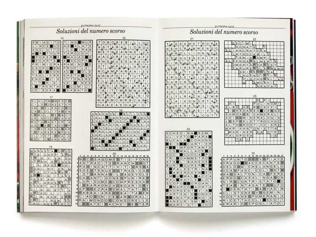 Claude Closky, ‘Soluzioni del numero scorso [Past issue solutions]’, 2001, Roma: Eutropia magazine #1 (June), pp. 139-144.