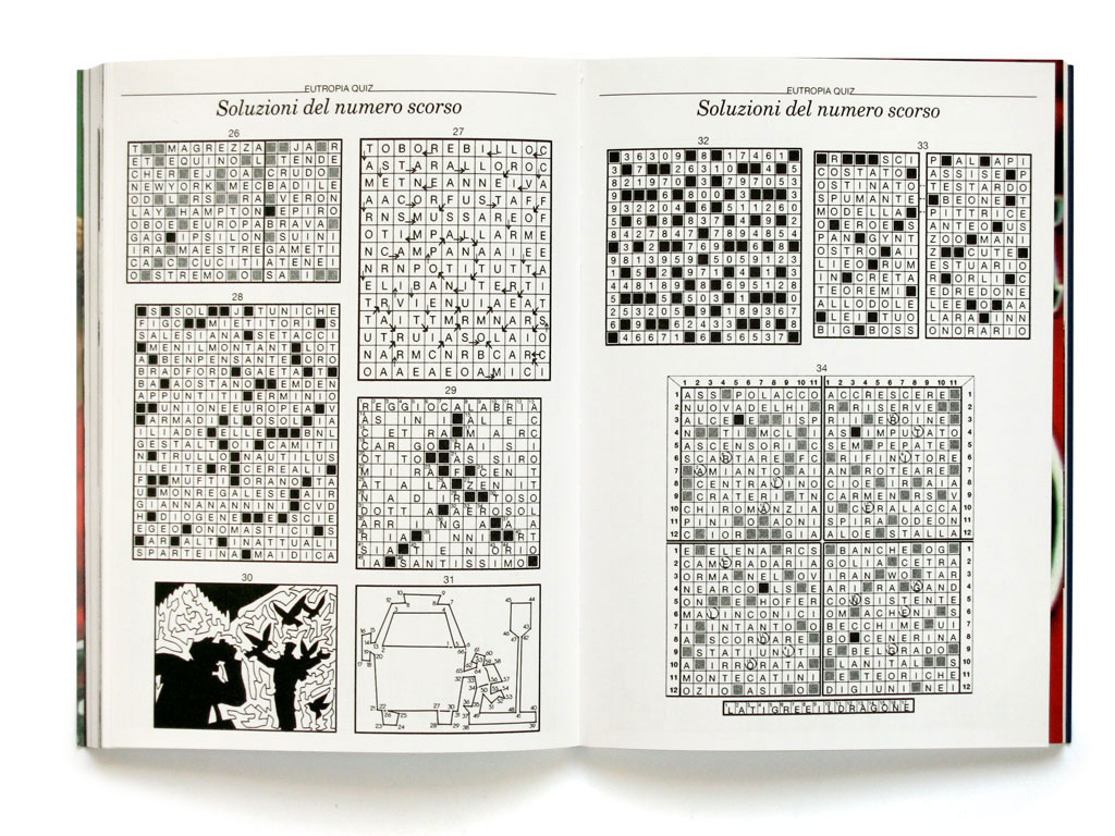 Claude Closky, ‘Soluzioni del numero scorso [Past issue solutions]’, 2001, Roma: Eutropia magazine #1 (June), pp. 139-144.