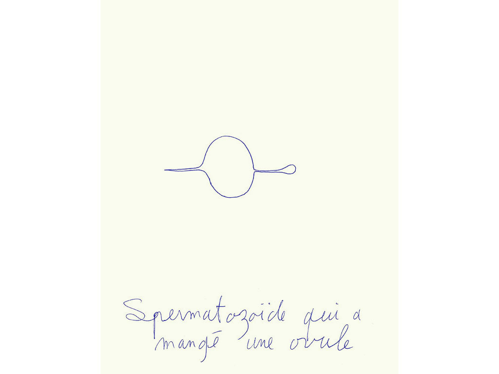 Claude Closky, ‘Spermatozoïde qui a mangé une ovule [Spermatozoid having eaten an ovum]’, 1996, ballpoint pen on paper, 30 x 24 cm.