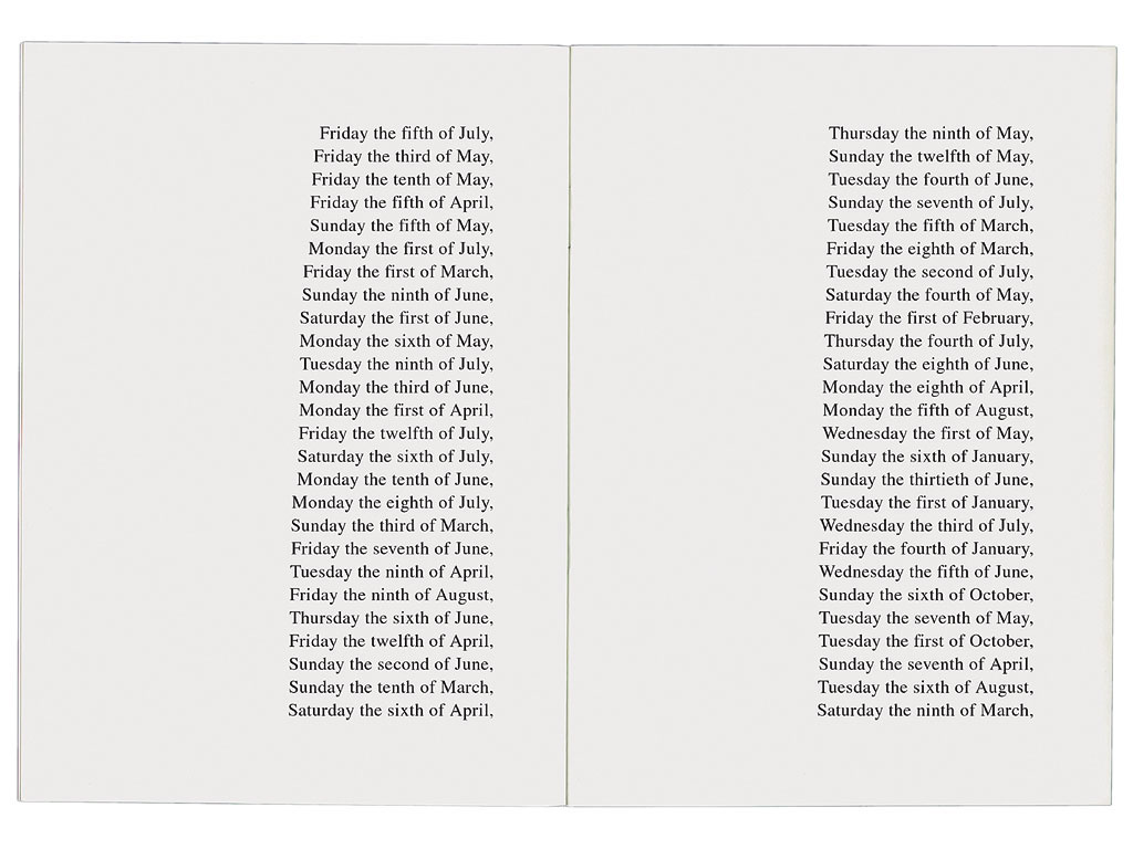 Claude Closky, ‘The 365 days of 1991 classified by size’, 1991-1992, artist’s publication, b&w photocopy, 16 pages, 21 x 15 cm.