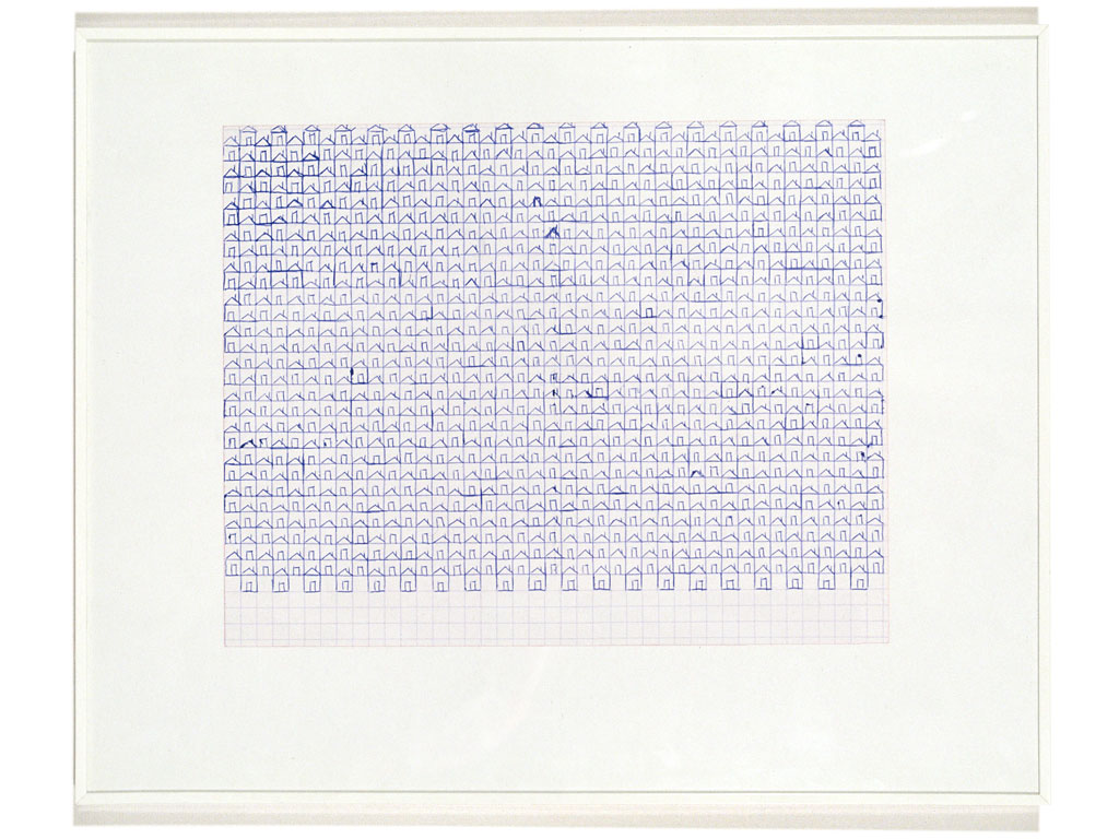 Claude Closky, ‘Untitled (small houses)’, 1991, blue ballpoint pen on grid paper, 16 x 20 cm.