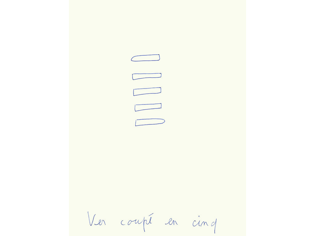 Claude Closky, ‘Ver coupé en cinq [Worm cut in five]’, 1996, blue ballpoint pen on paper, 30 x 24 cm.