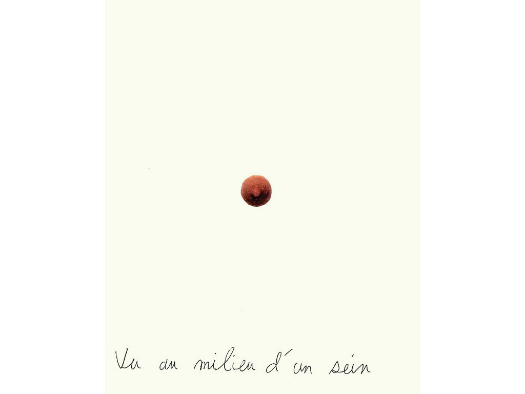 Claude Closky, ‘Vu au milieu d’un sein [Seen in the middle of a breast]’, 1996, black ballpoint pen and collage on paper, 30 x 24 cm.
